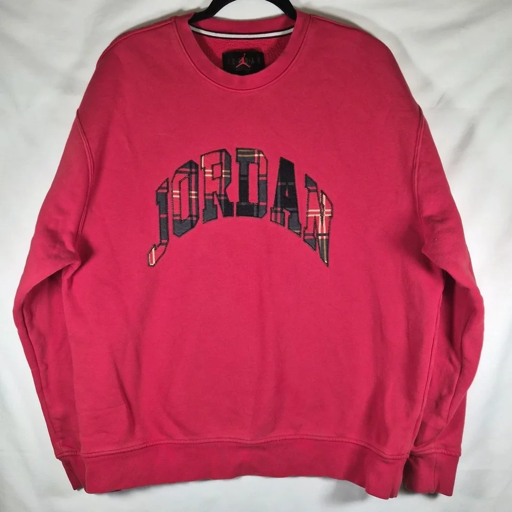 Jordan Sweatshirt Mens Large Pink Plaid Spellout Crewneck Pullover Jumpman